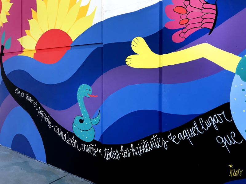 mural azulpatio dibujando la palabra ceip gerardo diego golmayo detalle 3