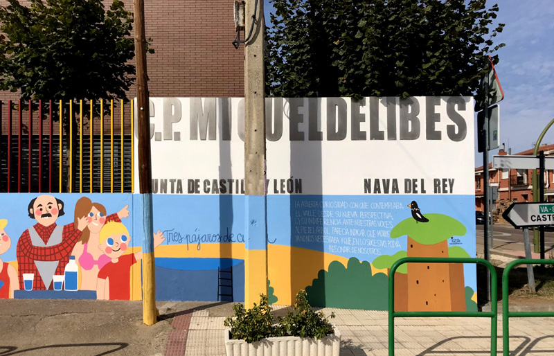 mural izas azulpatio dibujando la palabra ceip delibes detalle 4