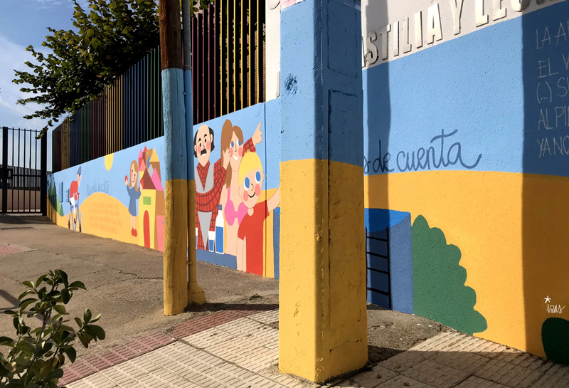 mural izas azulpatio dibujando la palabra ceip delibes detalle 7