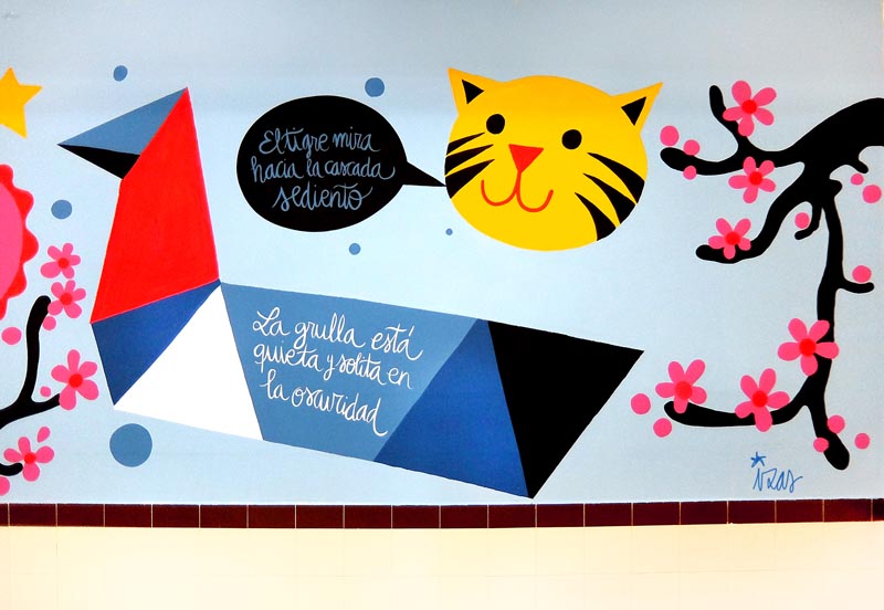 mural izas azulpatio dibujando la palabra ceip fray enrique florez detalle 11
