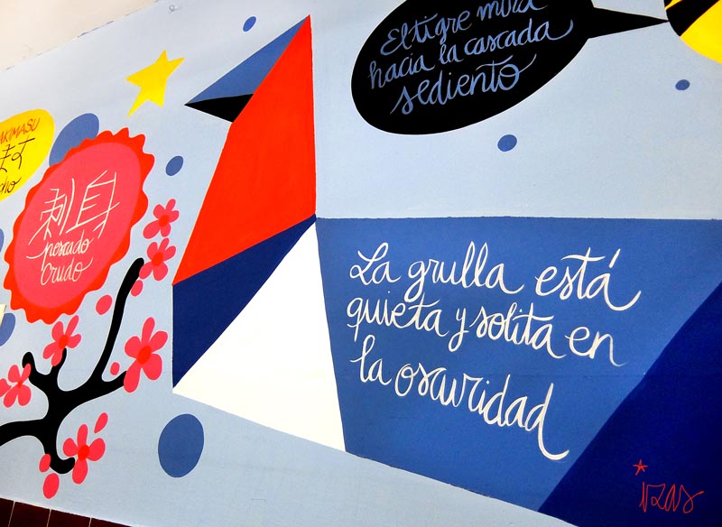 mural izas azulpatio dibujando la palabra ceip fray enrique florez detalle 7