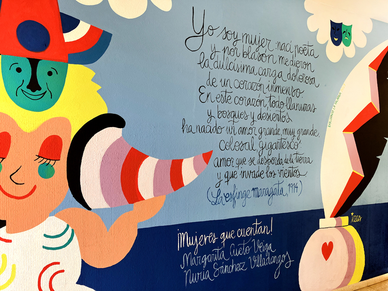 mural izas azulpatio dibujando la palabra IES García Bellido detalle 8